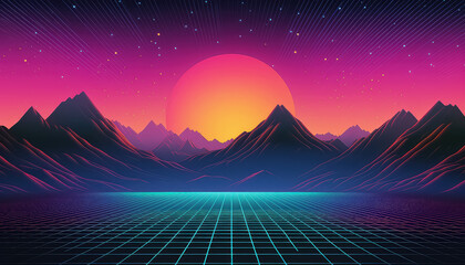 Sunset in the mountains in neon color ,spring concept