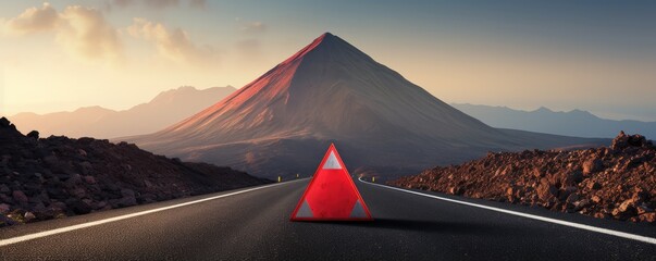 Red warning triangle is on wet road while bad weather, car accident, banner. Generative Ai. - obrazy, fototapety, plakaty