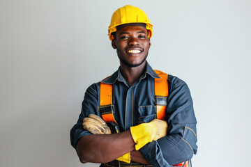 A man in a yellow helmet and orange vest is smiling