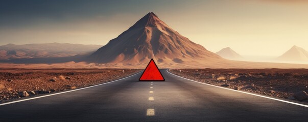 Red warning triangle is on wet road while bad weather, car accident, banner. Generative Ai.