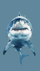A grey shark with sharp teeth circles a hooked fish in the deep blue ocean