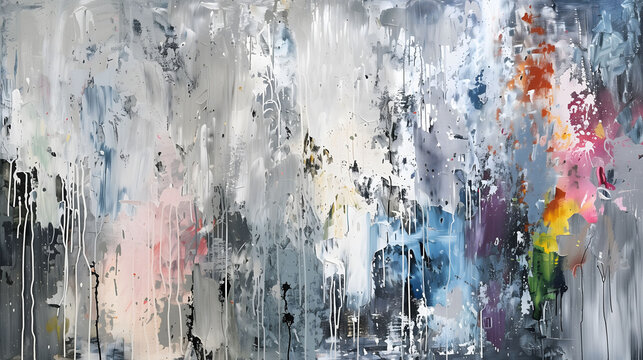 Image of an abstract painting, where bold splashes of color mingle with subtle shades of gray
