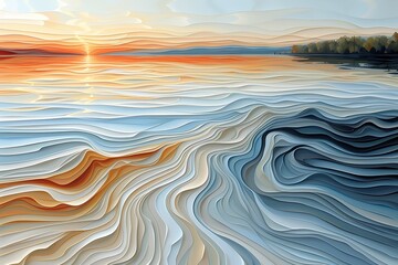 Sunset Over Tranquil Waves - Vibrant Digital Art Illustration of a Peaceful Ocean Scene at Dusk