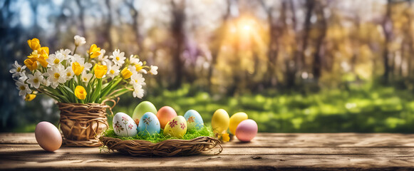 Ostern bunte bemalte Eier Dekoration mit Grün und Blumen frühlingshaft frisch in hellen Pastell...