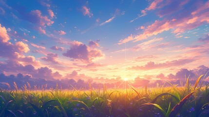 A beautiful purple sunset sky and clouds. A field of fresh green. cinematic and scenic picture. Japanese animation style illustration. generative AI