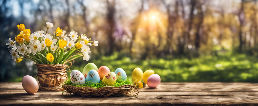 Ostern bunte bemalte Eier Dekoration mit Gr&uuml;n und Blumen fr&uuml;hlingshaft frisch in hellen Pastell T&ouml;nen Osterkorb auf Holztisch  Sonnenstrahlen weiches helles Licht Hintergr&uuml;nde und Vorlage
