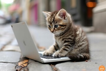 Adorable Kitten Using Laptop: Cute Cat Typing, Technology and Pets