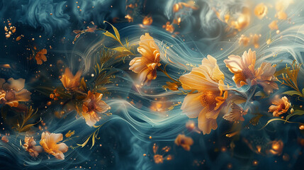 Dreamy blooms, fluid strokes, abstract botanical melody, nature's dance.  - obrazy, fototapety, plakaty