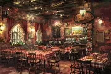 Italian trattoria, with tables draped in checkered cloths and plates piled high with pasta, pizza, and antipasto platters. - obrazy, fototapety, plakaty