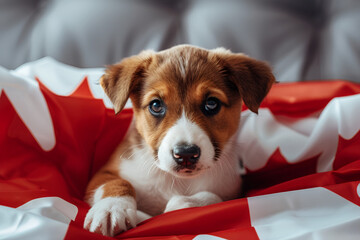 little puppies Jack Russell Terrier and Papillon on red background