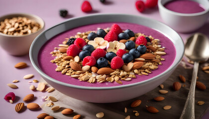 Fototapeta na wymiar A mixed berry smoothie bowl, topped with granola and sliced almonds
