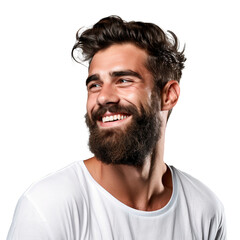 Fototapeta premium Portrait of a handsome beard man smiling, isolated on transparent background 