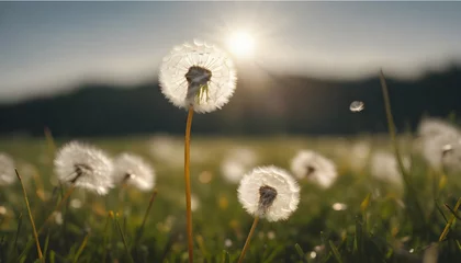 Foto op Canvas A single dandelion seed drifting in the breeze of a sunlit meadow © Dragon Stock