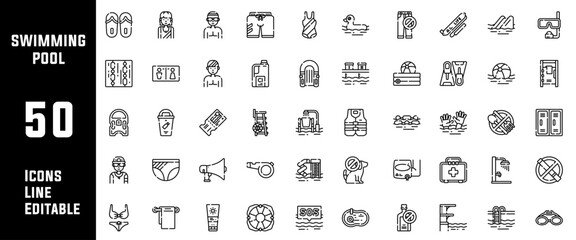 50 Swimming Pool Icons Set Line Editable Vector Illustration