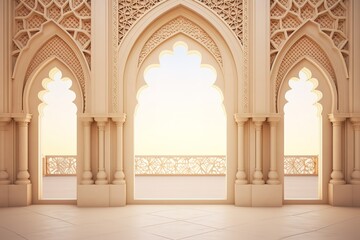 Ramadan kareem or eid al fitr, background with golden arch, with golden arabic pattern, background for holy month of muslim community Ramadan Kareem Generative AI - obrazy, fototapety, plakaty