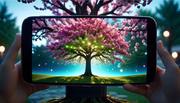A vibrant tree emerging from the touchscreen of a mobile device, depicting the blossoming of virtual connections and ideas