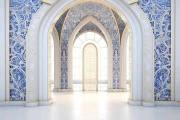 Fototapeta na wymiar Ramadan kareem or eid al fitr, background with golden arch, with golden arabic pattern, background for holy month of muslim community Ramadan Kareem Generative AI