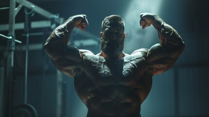 very muscular man showcasing extreme bodybuilding prowess, flexing arms and chest with copy space for your fitness promotion, highlighting the strength and determination of a bodybuilder