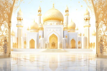 Fototapeta na wymiar Islamic decoration background for Ramadan with lantern and mosque 3D rendering. 3D Illustration Generative AI