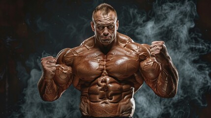 Fototapeta na wymiar very muscular man in extreme bodybuilding pose, flexing muscular arms and chest with copy space, demonstrating the dedication and discipline of a bodybuilder in the gym