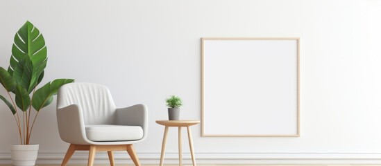 A chair and a table are placed in a room, with a blank poster hanging on the wall and a houseplant nearby. The room is simple and minimalistic, with a clean and modern aesthetic.
