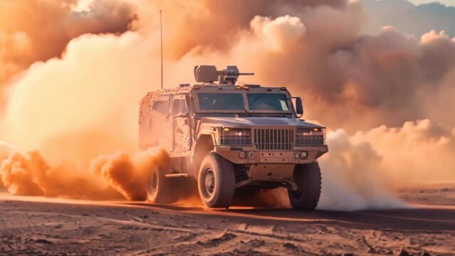 A generic military armored vehicle crosses minefields and smoke in the desert on a wide poster design that includes copy space