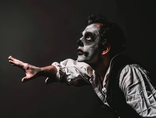 Aspiring Actor - An actor in dramatic makeup, gesturing towards a blank space for audition tips or performance schedules. 