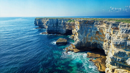 Panoramic view of coastal cliffs and the blue sea - obrazy, fototapety, plakaty
