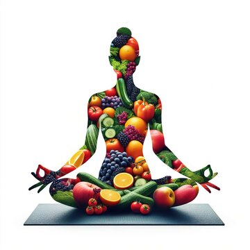 double exposure image blends the grace of yoga silhouette merges with vibrant fruits and vegetables, capturing the essence of a healthy lifestyle
