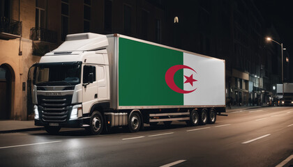 Naklejka premium A truck with the national flag of Algeria depicted carries goods to another country along the highway. Concept of export-import,transportation, national delivery of goods.