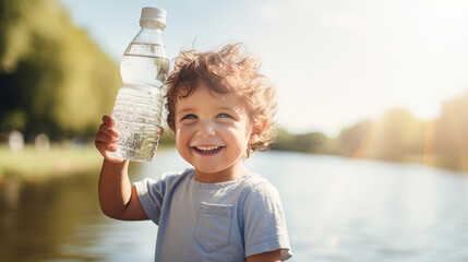 Poor, beggar, hungry smiling child eager to drink water from a plastic bottle.