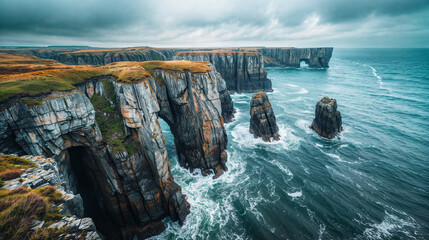 Panorama view of a cliff on a coast with stormy waves in the sea - obrazy, fototapety, plakaty