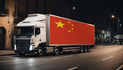 A truck with the national flag of China depicted carries goods to another country along the highway. Concept of export-import,transportation, national delivery of goods.