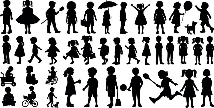 Children silhouette, full of youthful energy, engaging kids silhouette in diverse activities. Perfect for representing innocence, playfulness, and childhood. kid Isolated on white