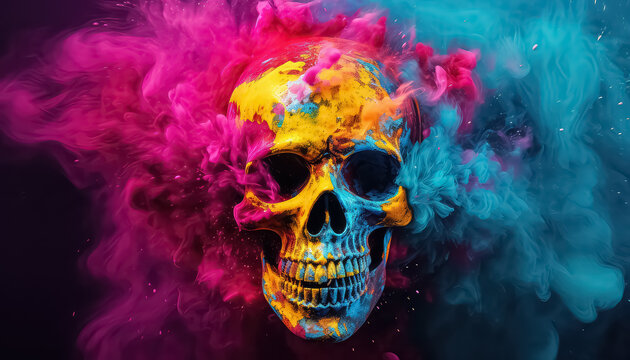 Skull on the background of dust, paints, smoke , happy holi indian concept