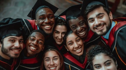cheerful group of diverse students in caps and gowns, celebrating their academic success together at college graduation ceremony - obrazy, fototapety, plakaty