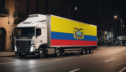 Fototapeta na wymiar A truck with the national flag of Ecuador depicted carries goods to another country along the highway. Concept of export-import,transportation, national delivery of goods.