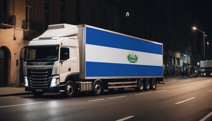 A truck with the national flag of El Salvador depicted carries goods to another country along the highway. Concept of export-import,transportation, national delivery of goods.