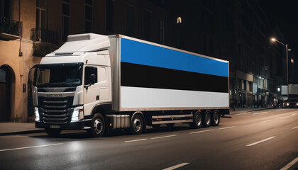 A truck with the national flag of Estonia depicted carries goods to another country along the highway. Concept of export-import,transportation, national delivery of goods.