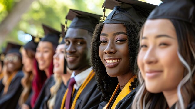 group of diverse graduates smiling widely in their caps and gowns, celebrating their academic success together at university graduation ceremony