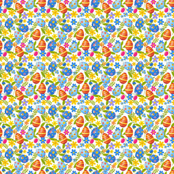 Seamless vibrant Easter pattern with decorated eggs and spring flowers on white background