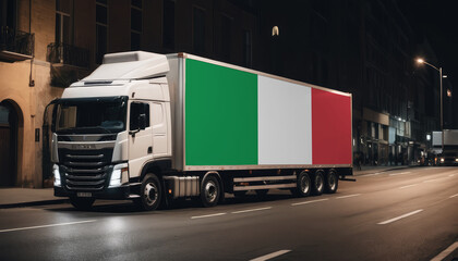 A truck with the national flag of Italy depicted carries goods to another country along the highway. Concept of export-import,transportation, national delivery of goods.