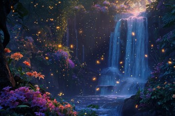 Obraz na płótnie Canvas Waterfall surrounded by lush foliage