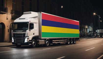 Naklejka premium A truck with the national flag of Mauritius depicted carries goods to another country along the highway. Concept of export-import,transportation, national delivery of goods.