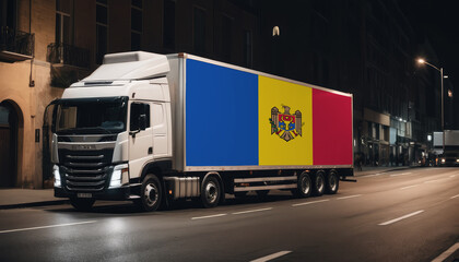 Fototapeta na wymiar A truck with the national flag of Moldova depicted carries goods to another country along the highway. Concept of export-import,transportation, national delivery of goods.