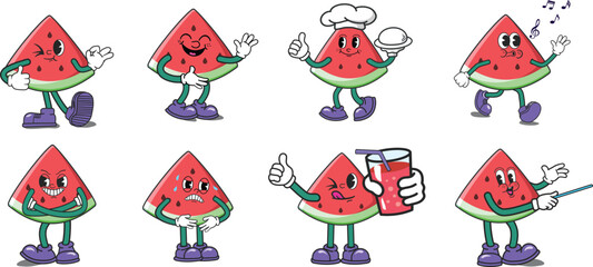Set of slice watermelon in retro cartoon style illustration, vintage character vector art collection. Food and Drink mascot logo.