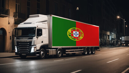 A truck with the national flag of Portugal depicted carries goods to another country along the highway. Concept of export-import,transportation, national delivery of goods. - obrazy, fototapety, plakaty
