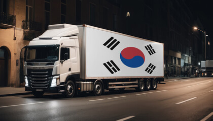 Naklejka premium A truck with the national flag of Republic of Korea depicted carries goods to another country along the highway. Concept of export-import,transportation, national delivery of goods.