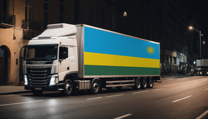 Naklejka premium A truck with the national flag of Rwanda depicted carries goods to another country along the highway. Concept of export-import,transportation, national delivery of goods.
