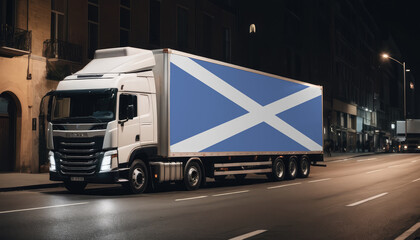A truck with the national flag of Scotland depicted carries goods to another country along the highway. Concept of export-import,transportation, national delivery of goods.